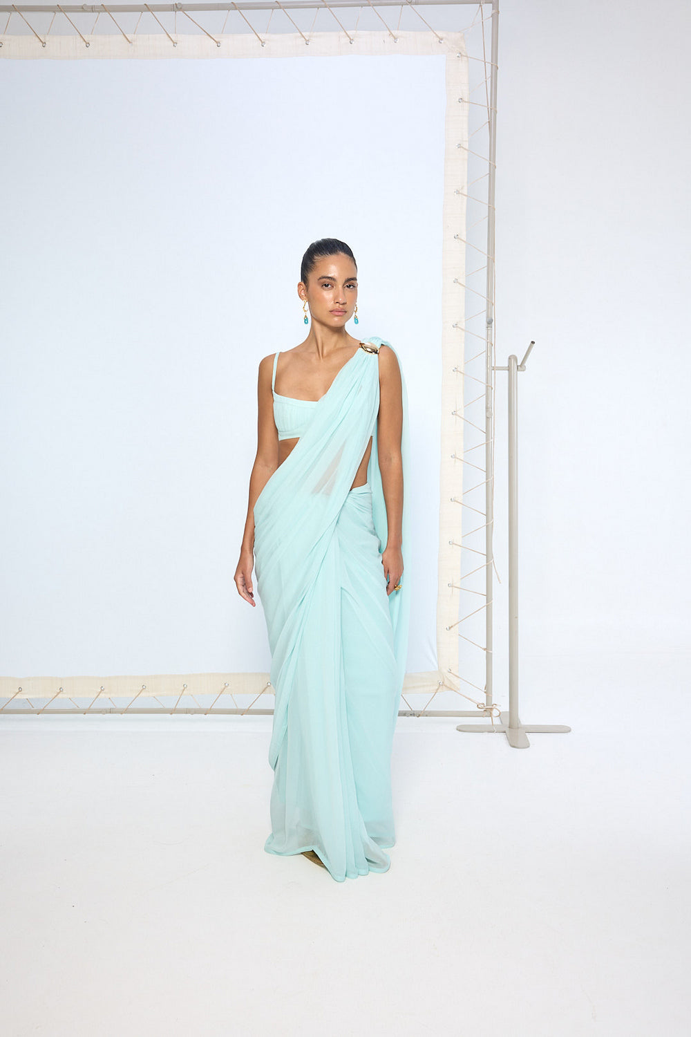 Ice Blue Movable Brooch Saree