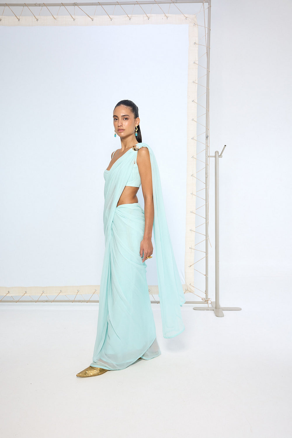 Ice Blue Movable Brooch Saree