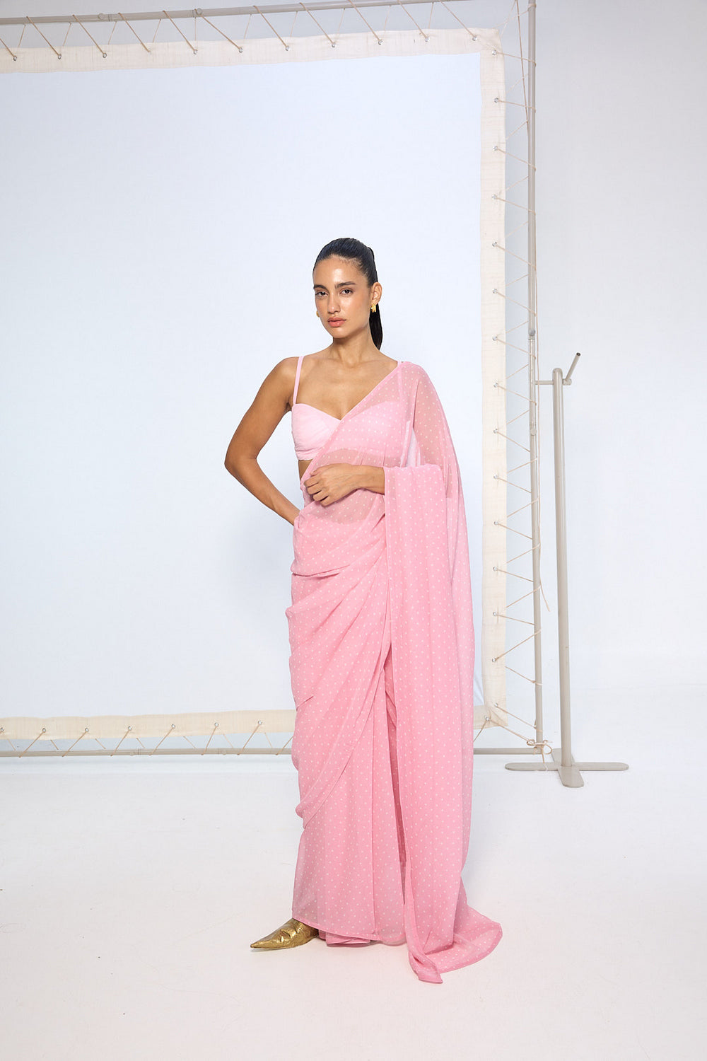 Strawberry Pink Polka Dotted Saree