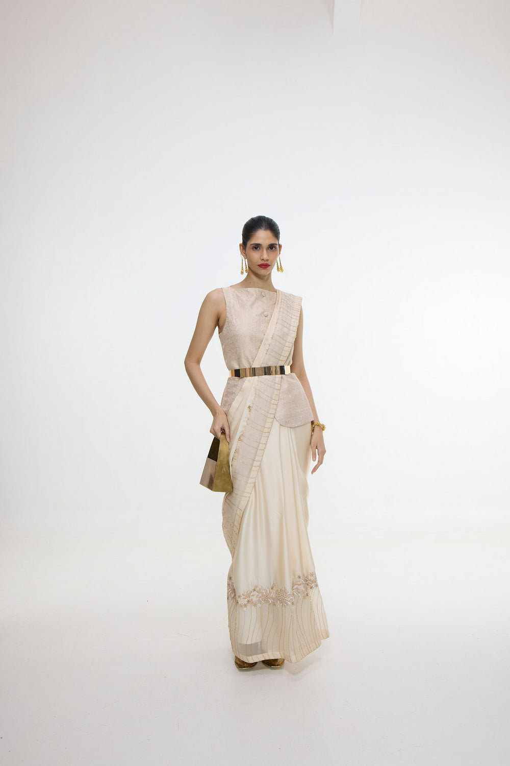 Handwoven Ecru Mashroo Silk Saree with an Embroidered Border