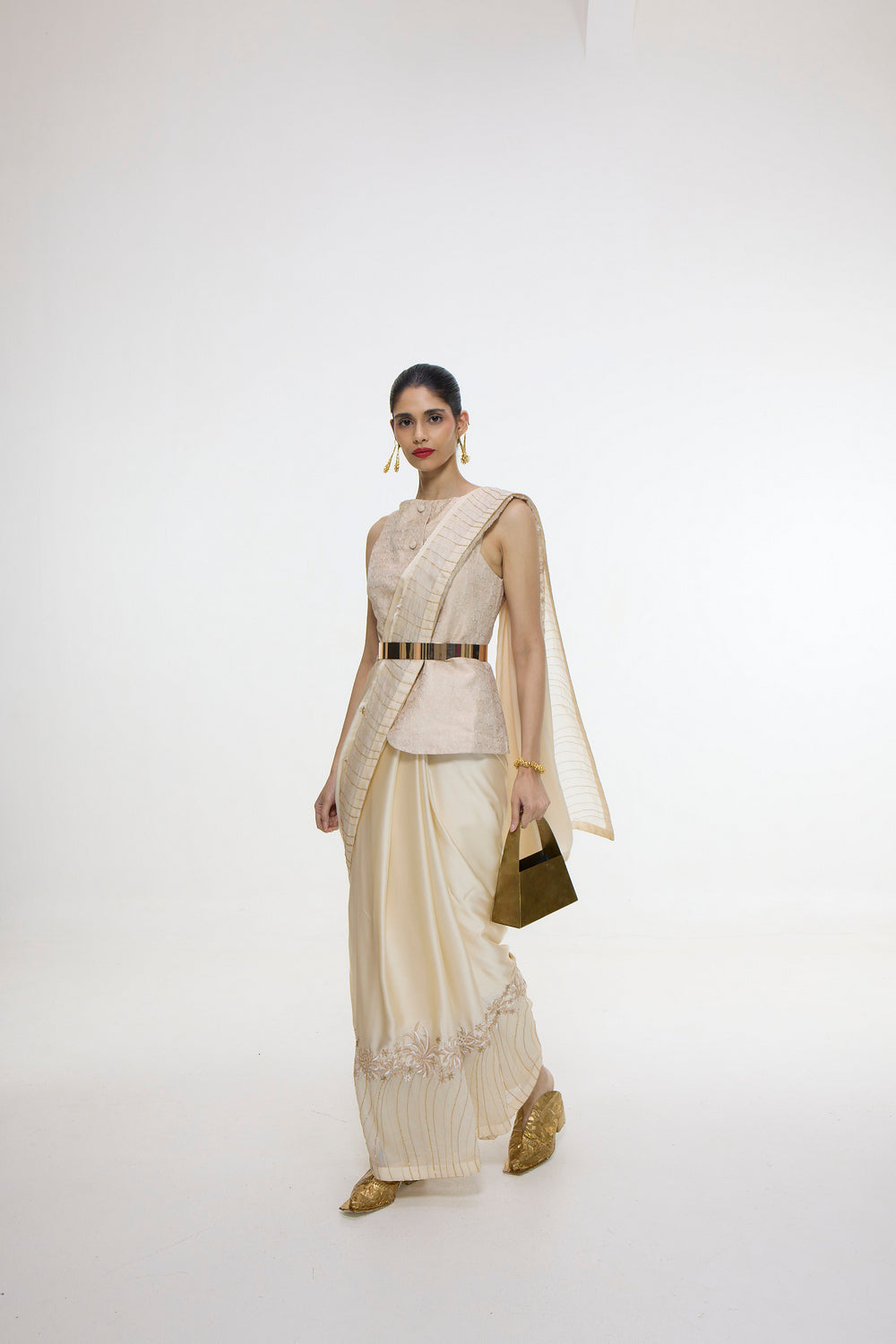 Handwoven Ecru Mashroo Silk Saree with an Embroidered Border