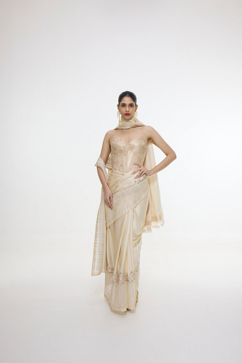 Handwoven Ecru Mashroo Silk Saree with an Embroidered Border