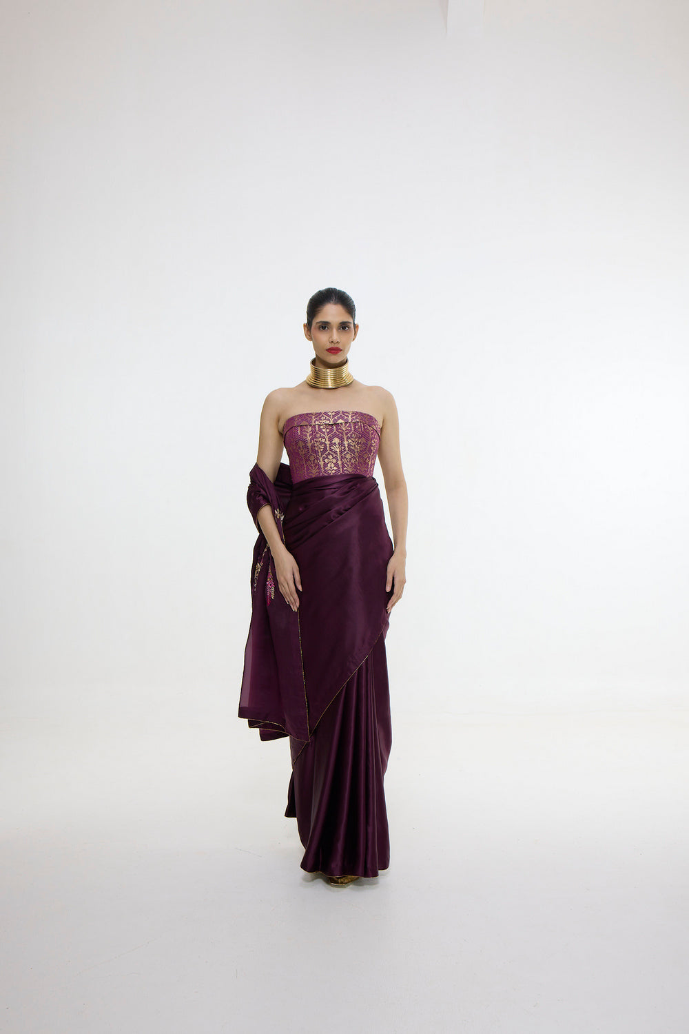 Handwoven Maroon Saree With Embroidered Panel