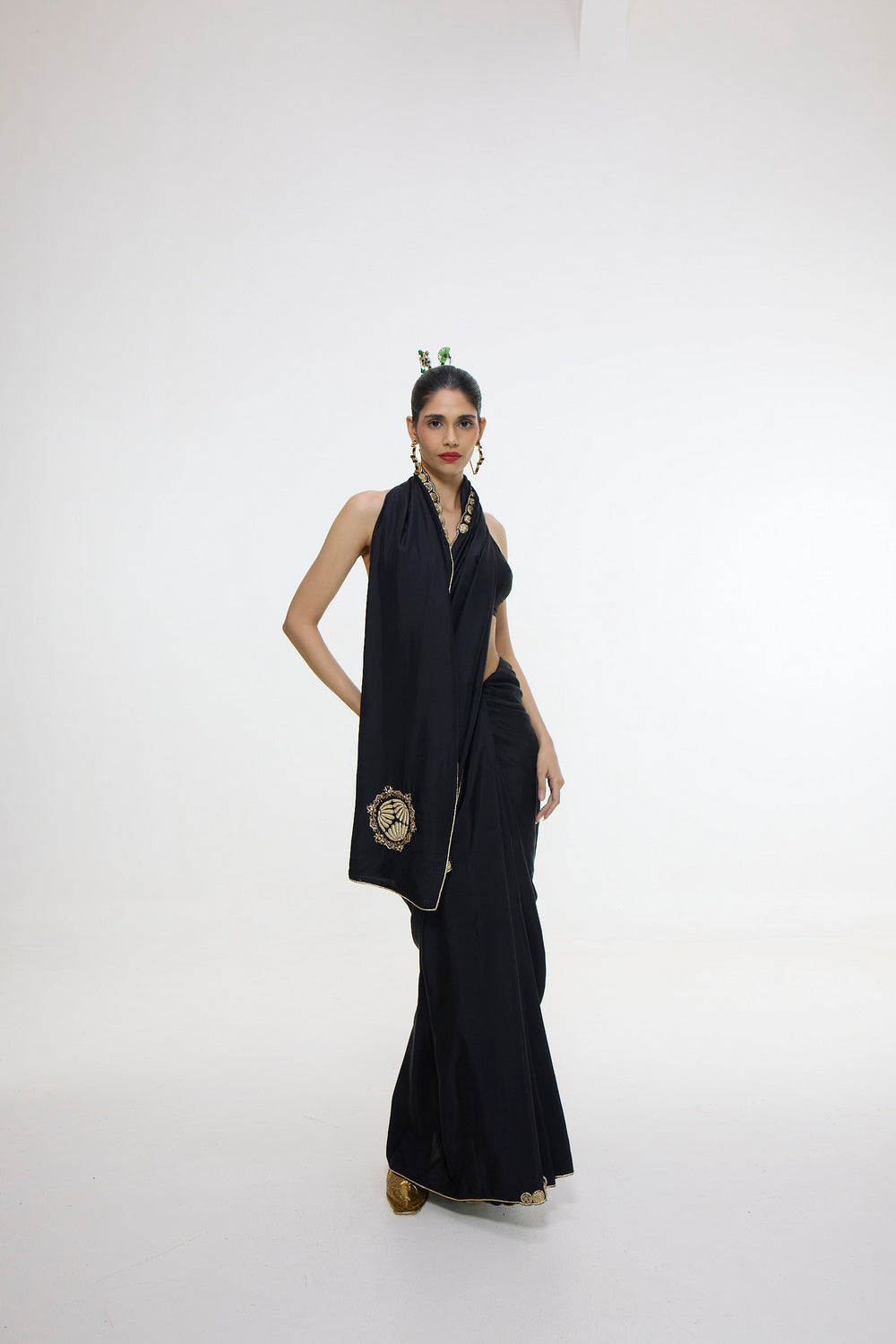 Handwoven Black Mashroo Silk Saree With Gold Button Detailing