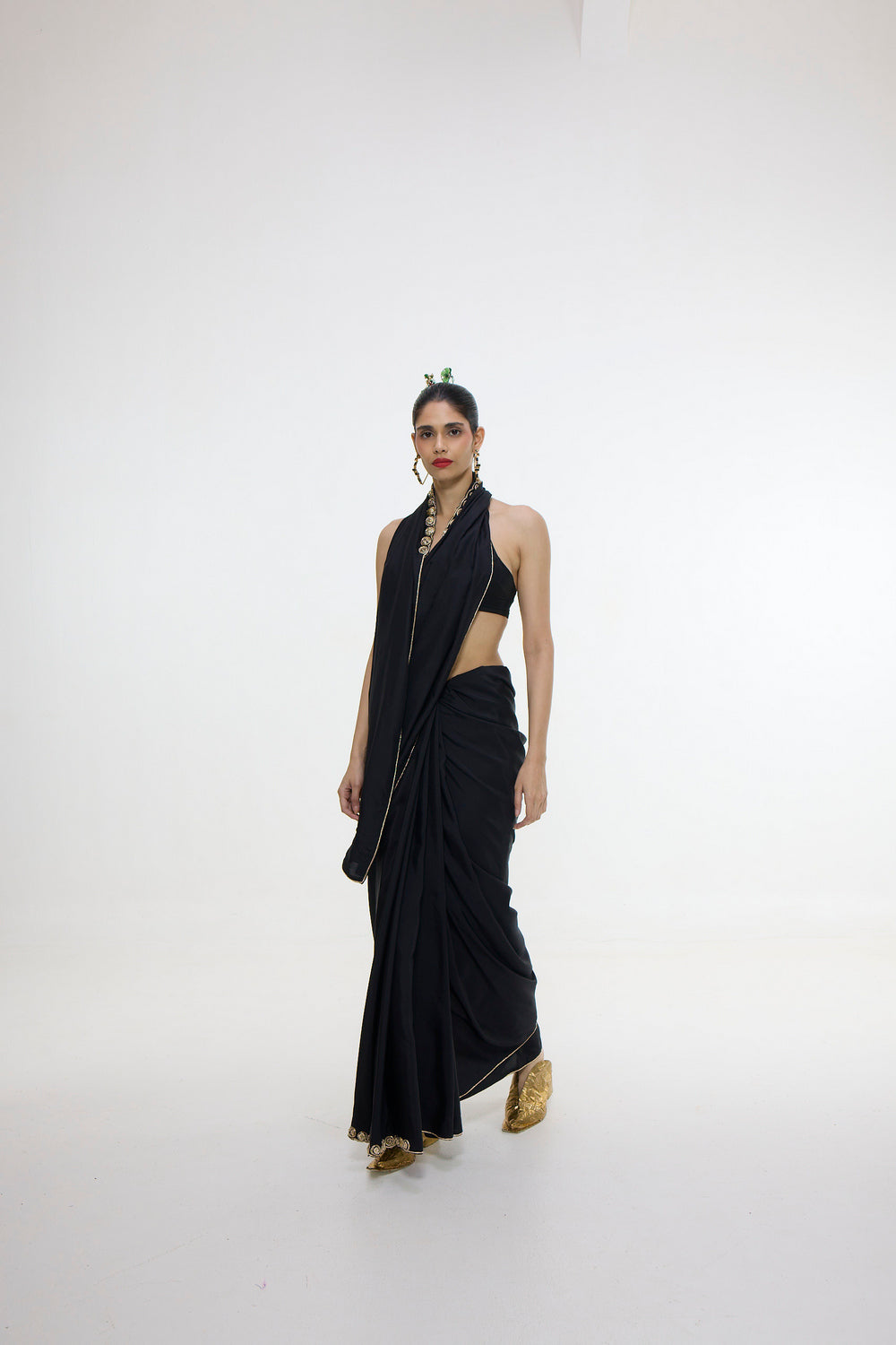 Handwoven Black Mashroo Silk Saree With Gold Button Detailing