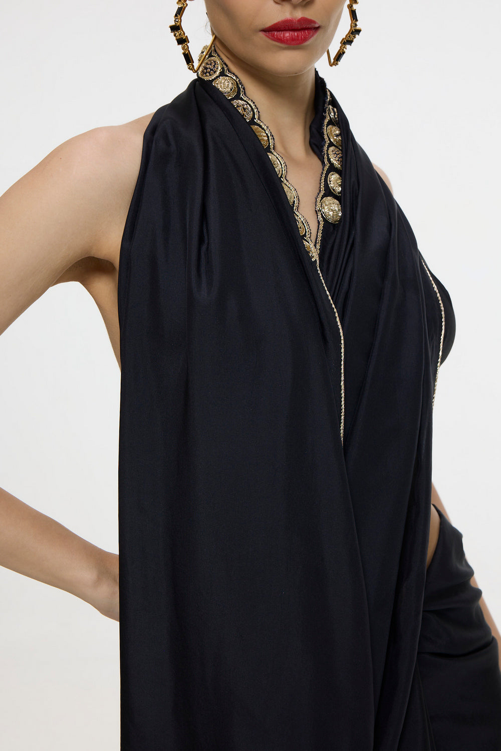 Handwoven Black Mashroo Silk Saree With Gold Button Detailing