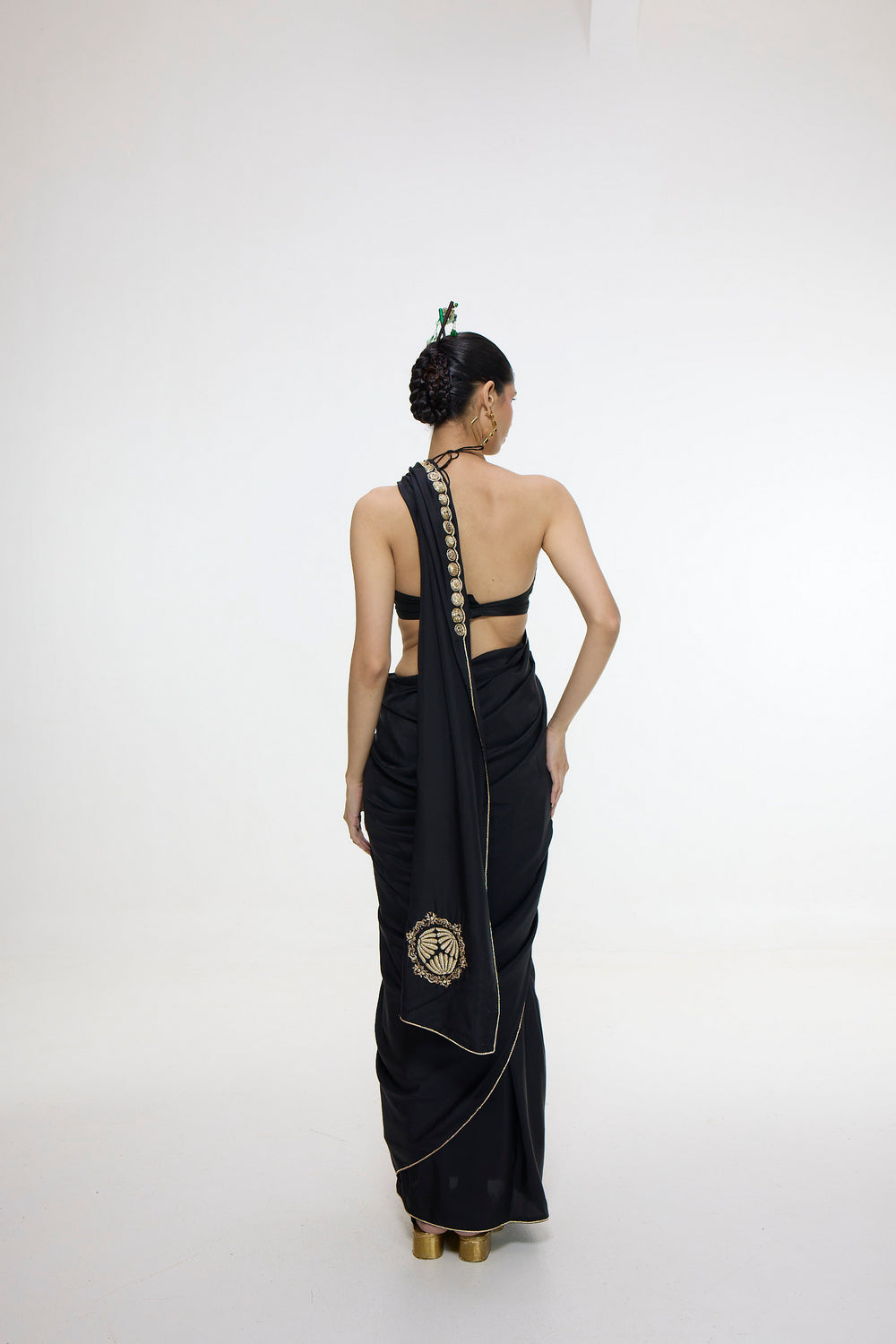 Handwoven Black Mashroo Silk Saree With Gold Button Detailing