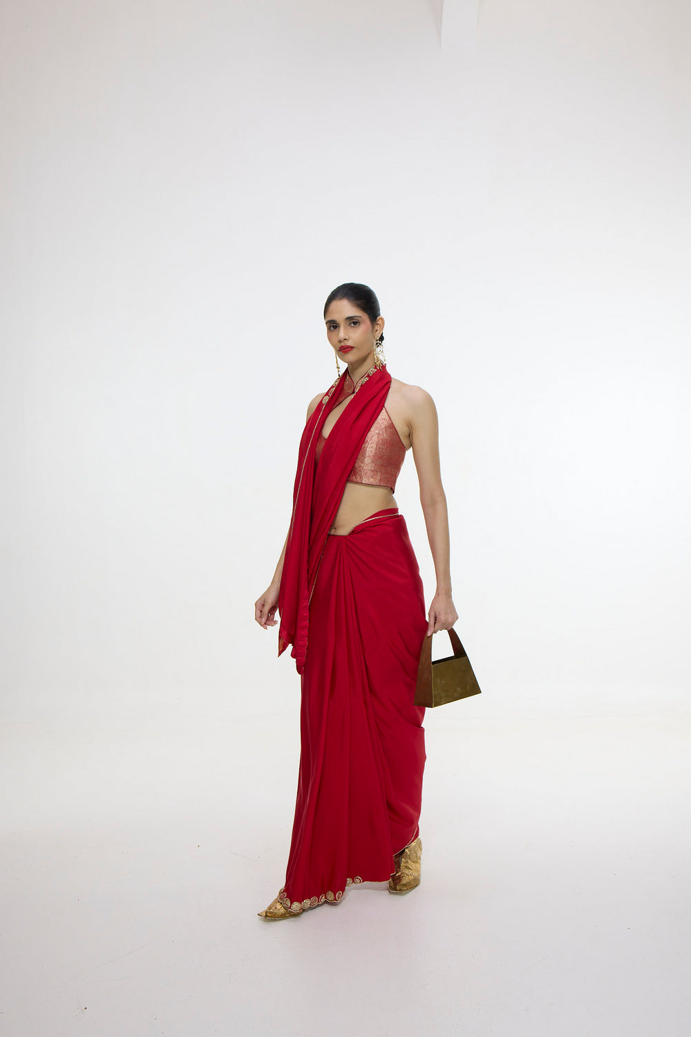 Handwoven Embroidered Vermillion Saree With Gold Button Detailing