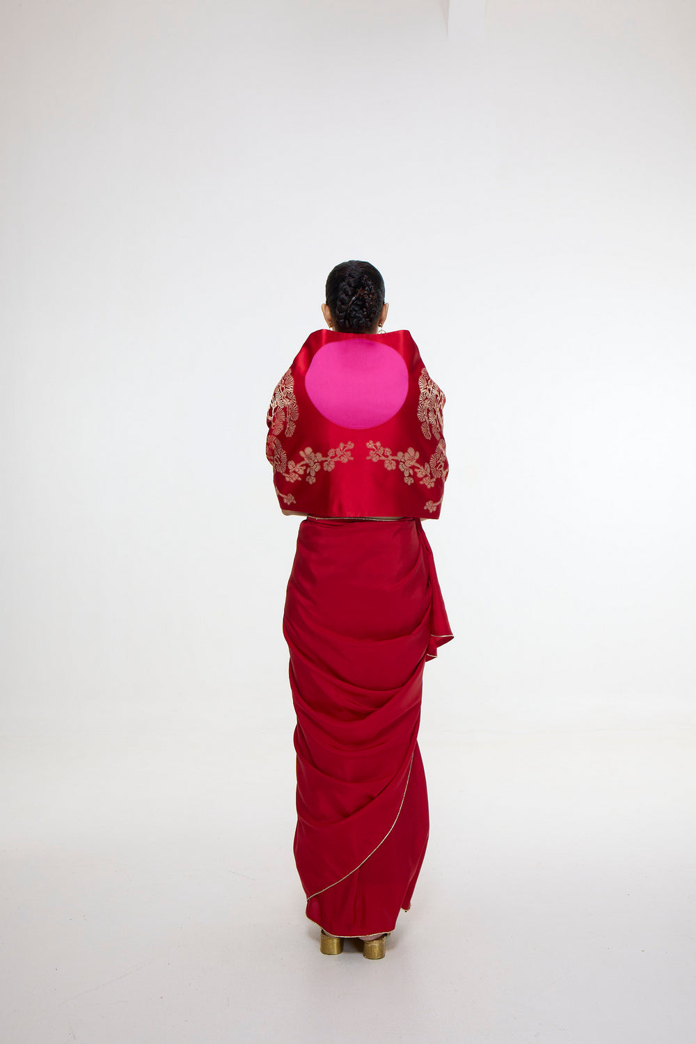 Handwoven Embroidered Vermillion Saree With Gold Button Detailing