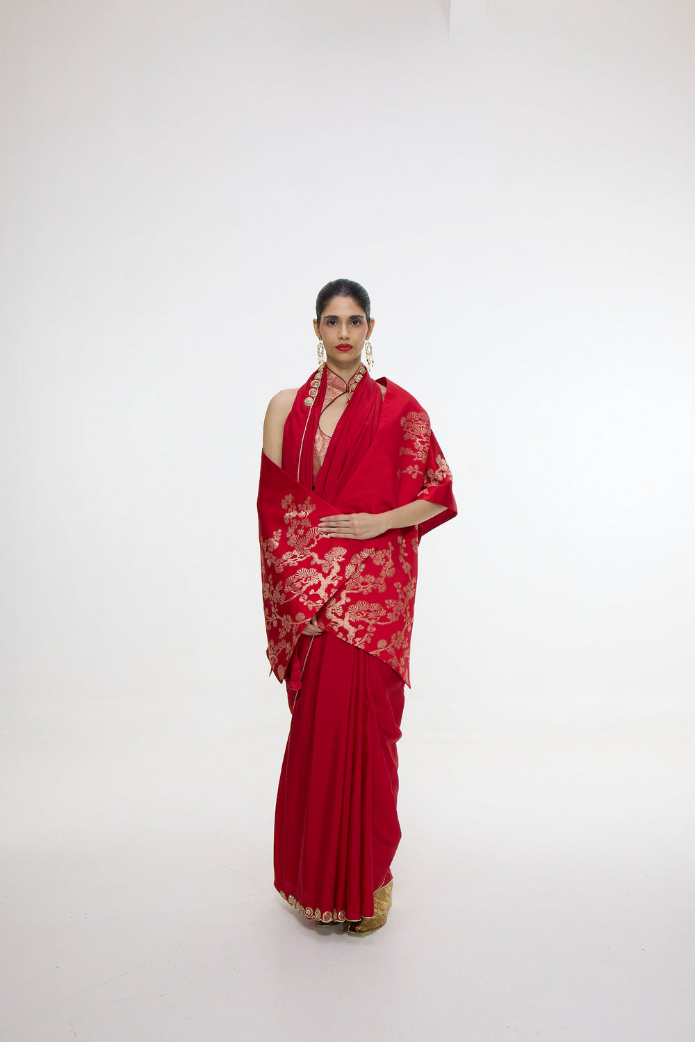 Handwoven Embroidered Vermillion Saree With Gold Button Detailing