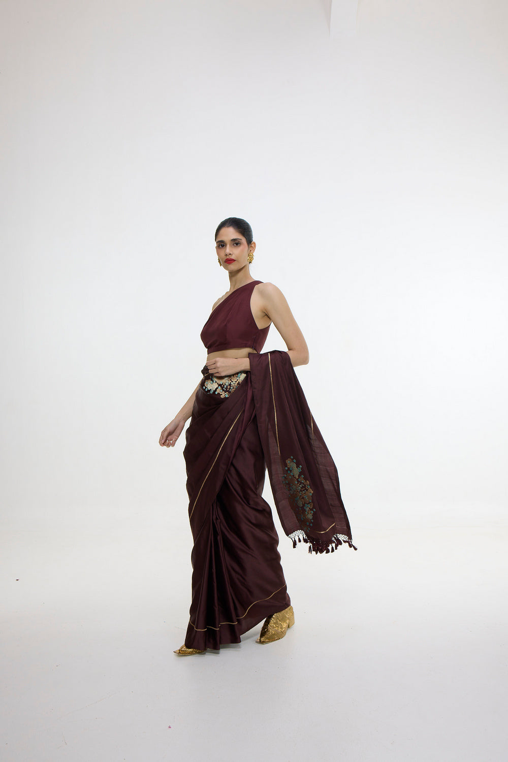 Handwoven Burgundy Saree With Embroidered Panel