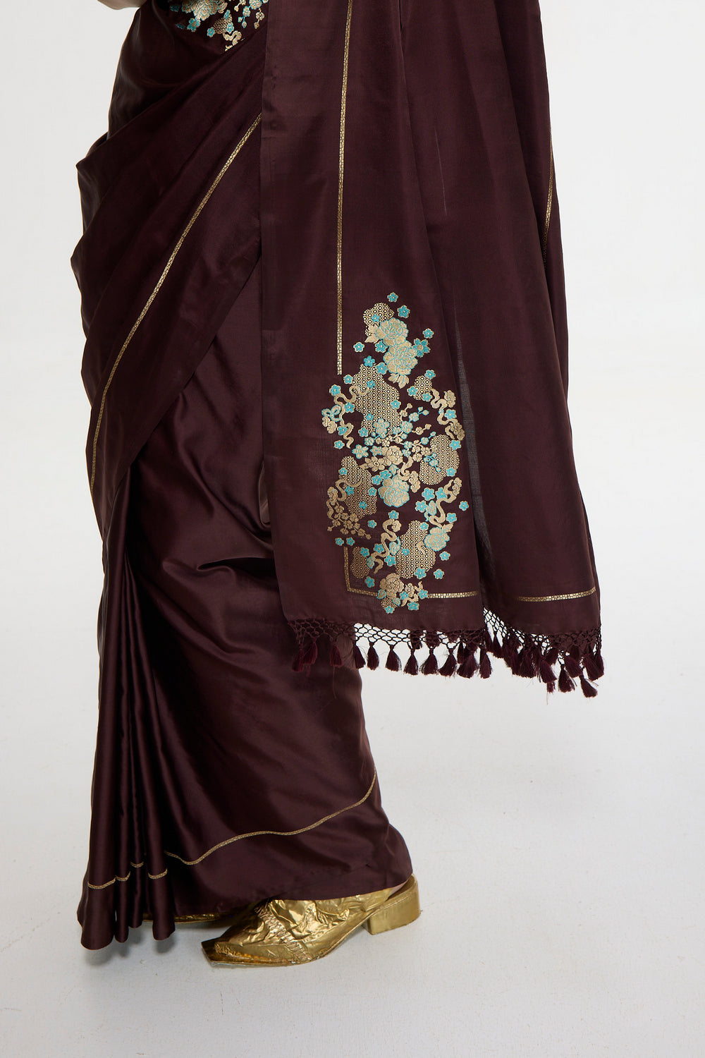 Handwoven Burgundy Saree With Embroidered Panel