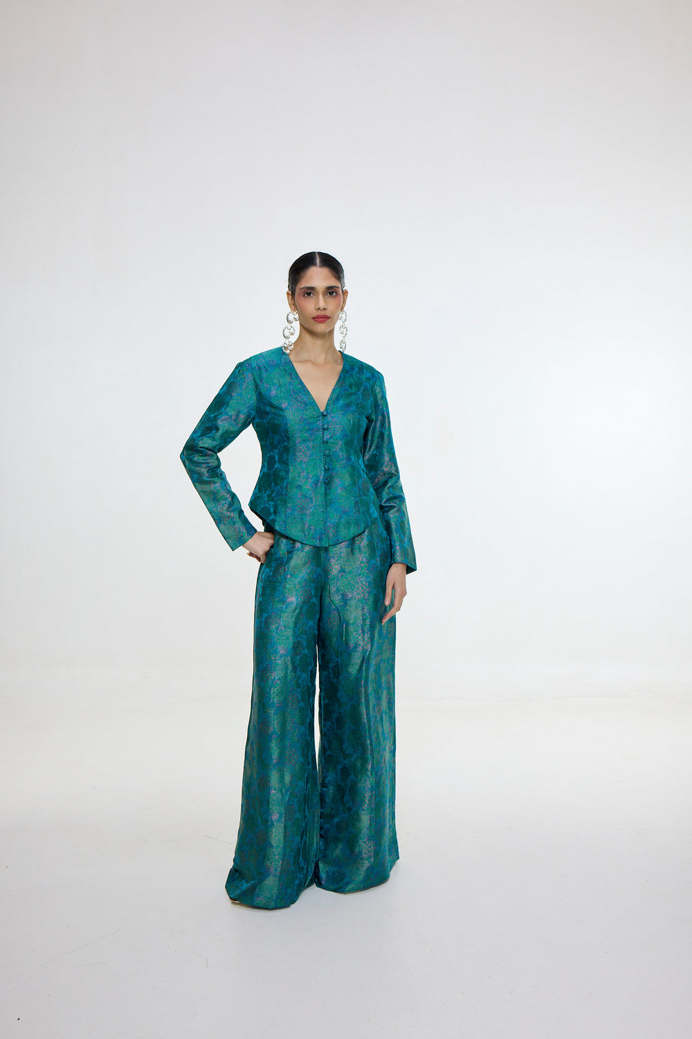 Handwoven Coral Blue Jacket Set