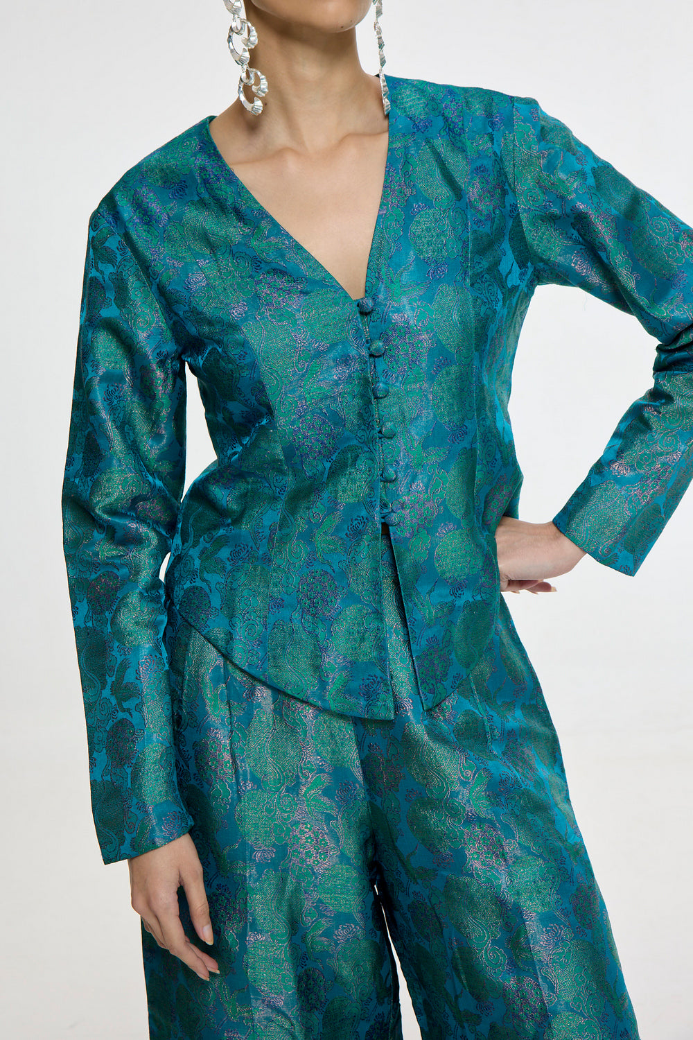 Handwoven Coral Blue Jacket Set