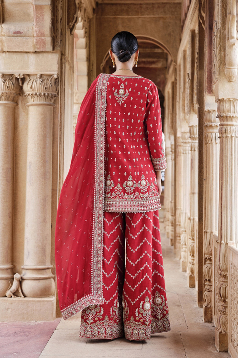 Maalavi Embroidered Cord Silk Suit Set - Red
