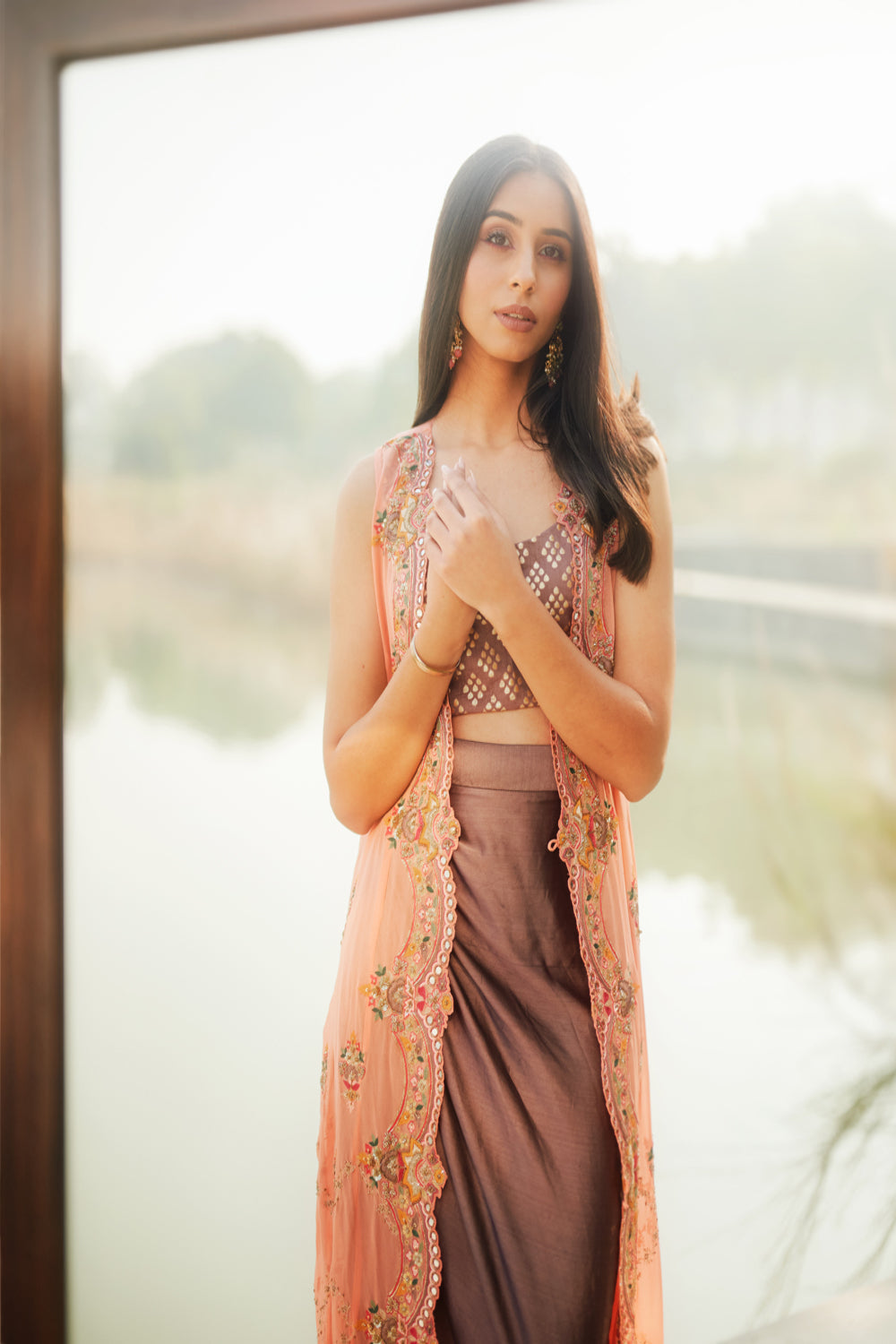 Peach Jacket with Dhoti skirt