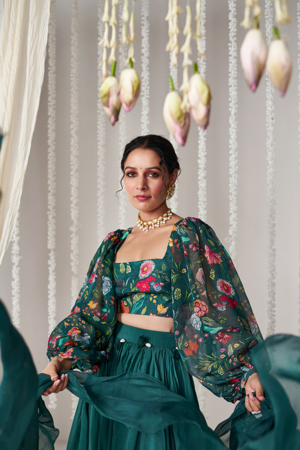 Bagicha Botanical Green Solid Lehenga Set Of 3