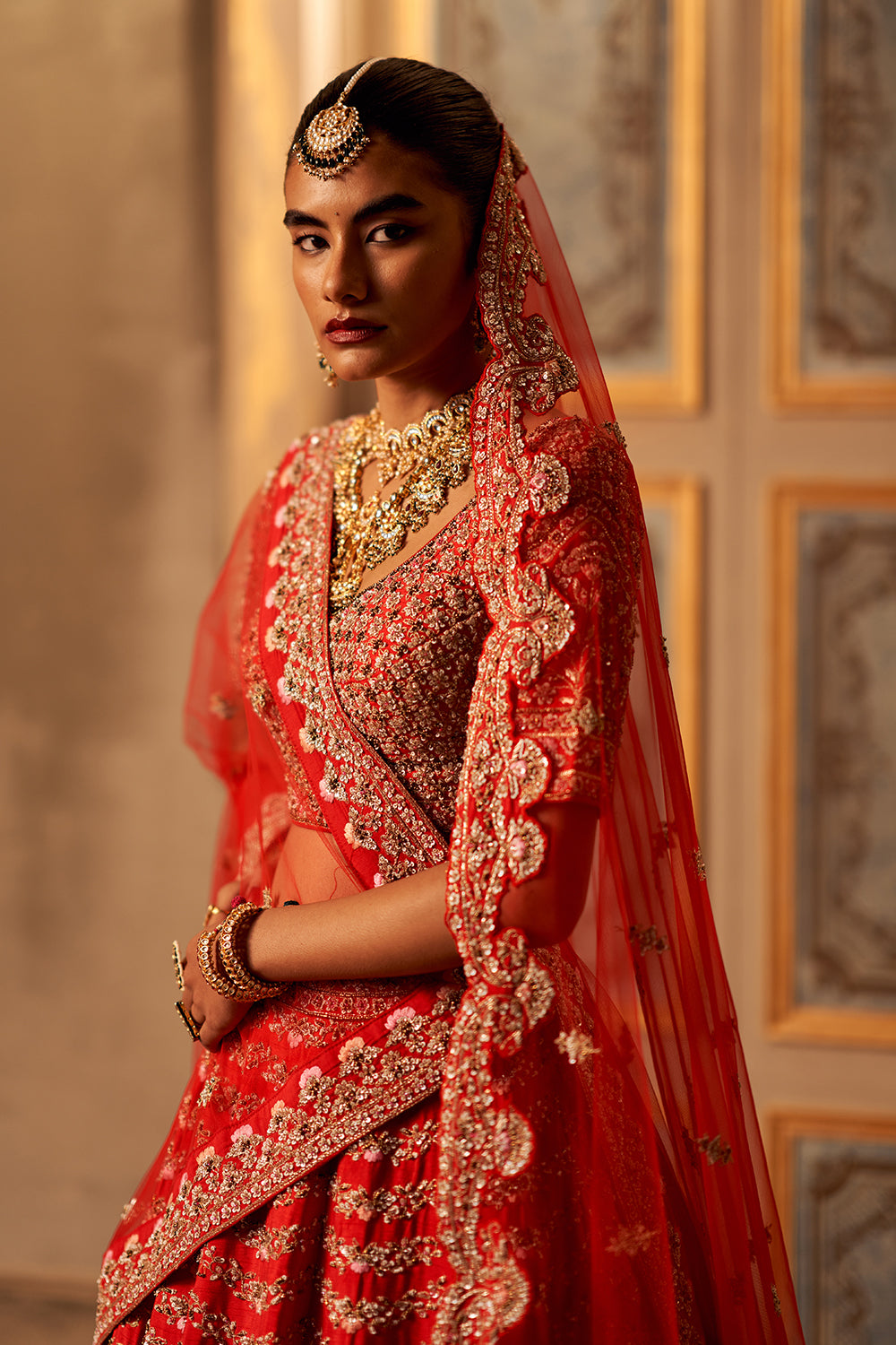 Red Raw Silk Double Dupatta Lehenga Set
