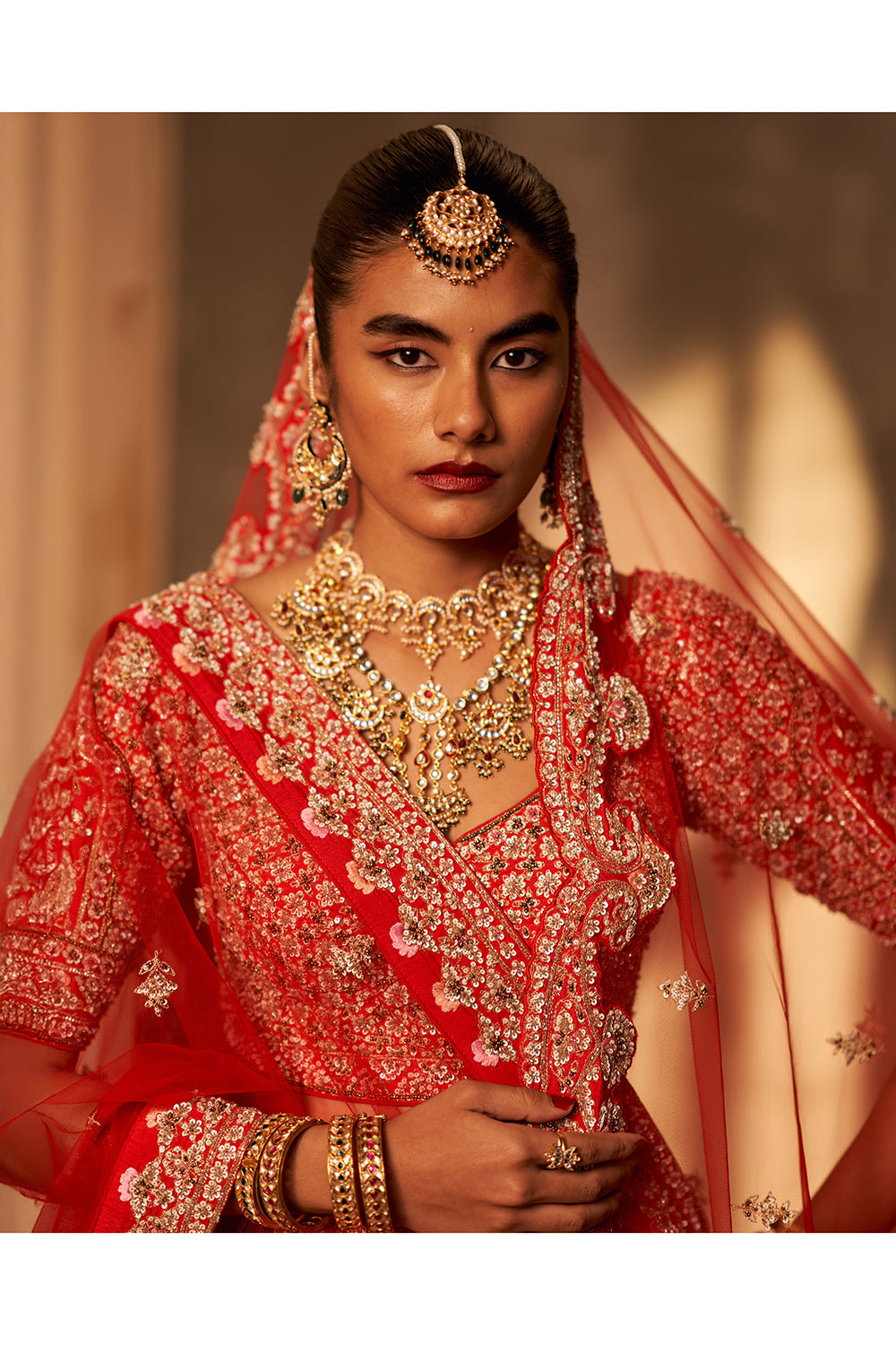 Red Raw Silk Double Dupatta Lehenga Set