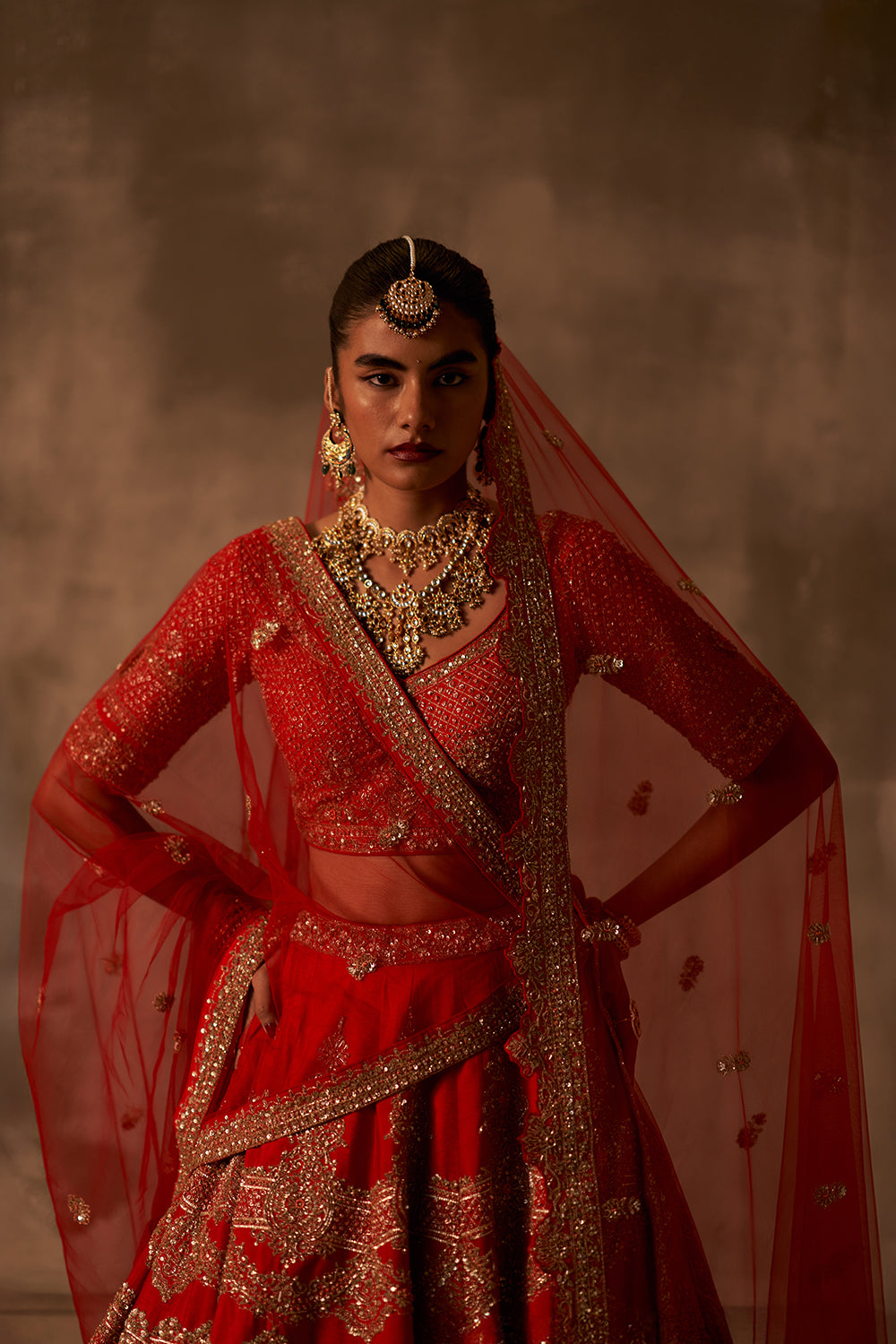 Red Raw Silk Double Dupatta Lehenga Set