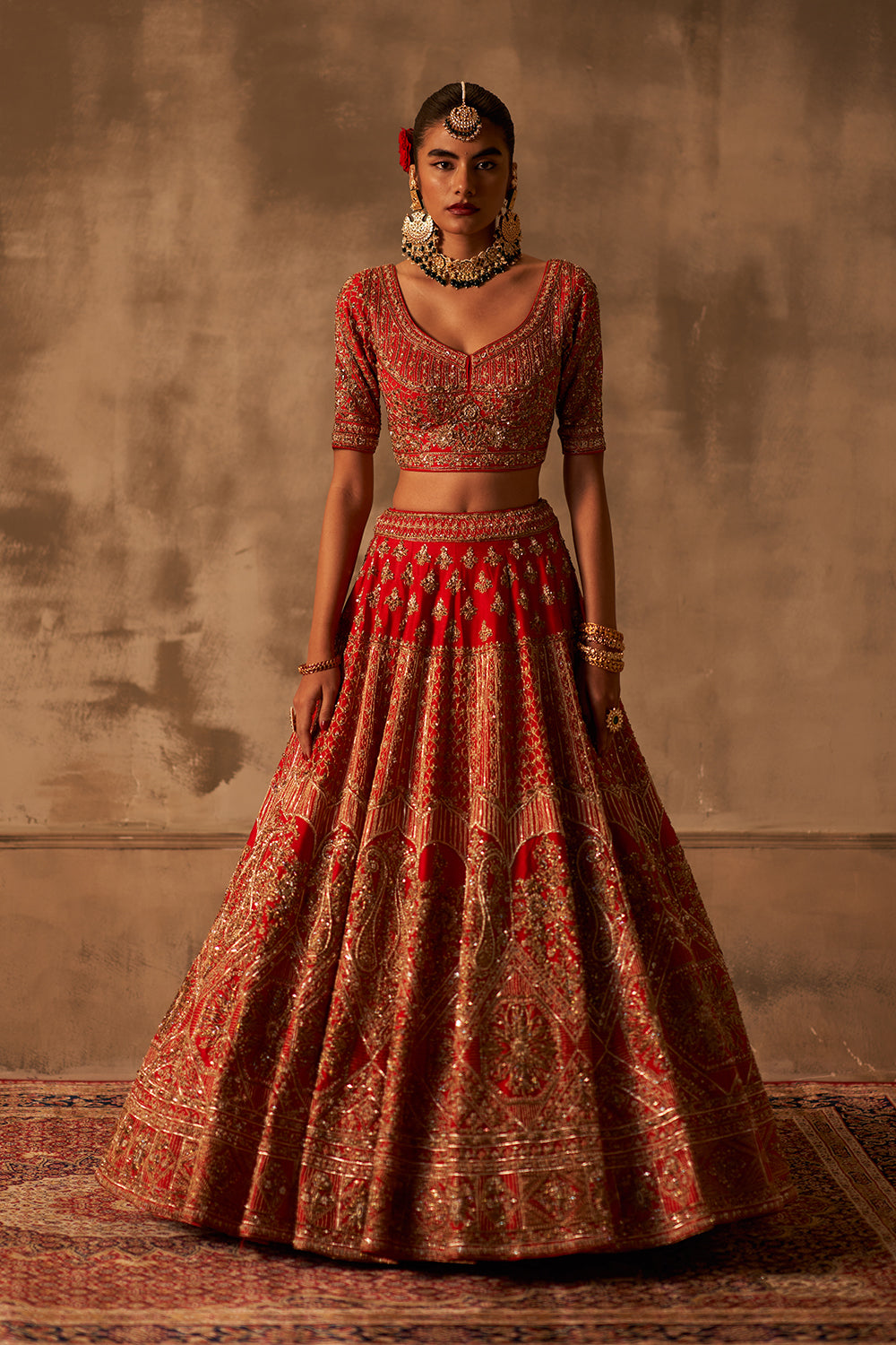 Red Raw Silk Double Dupatta Lehenga Set
