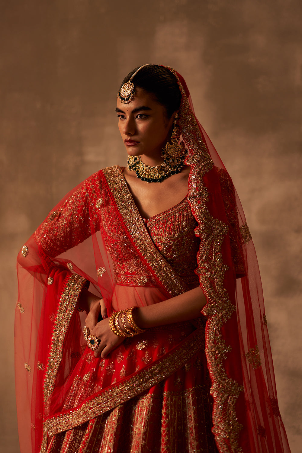 Red Raw Silk Double Dupatta Lehenga Set