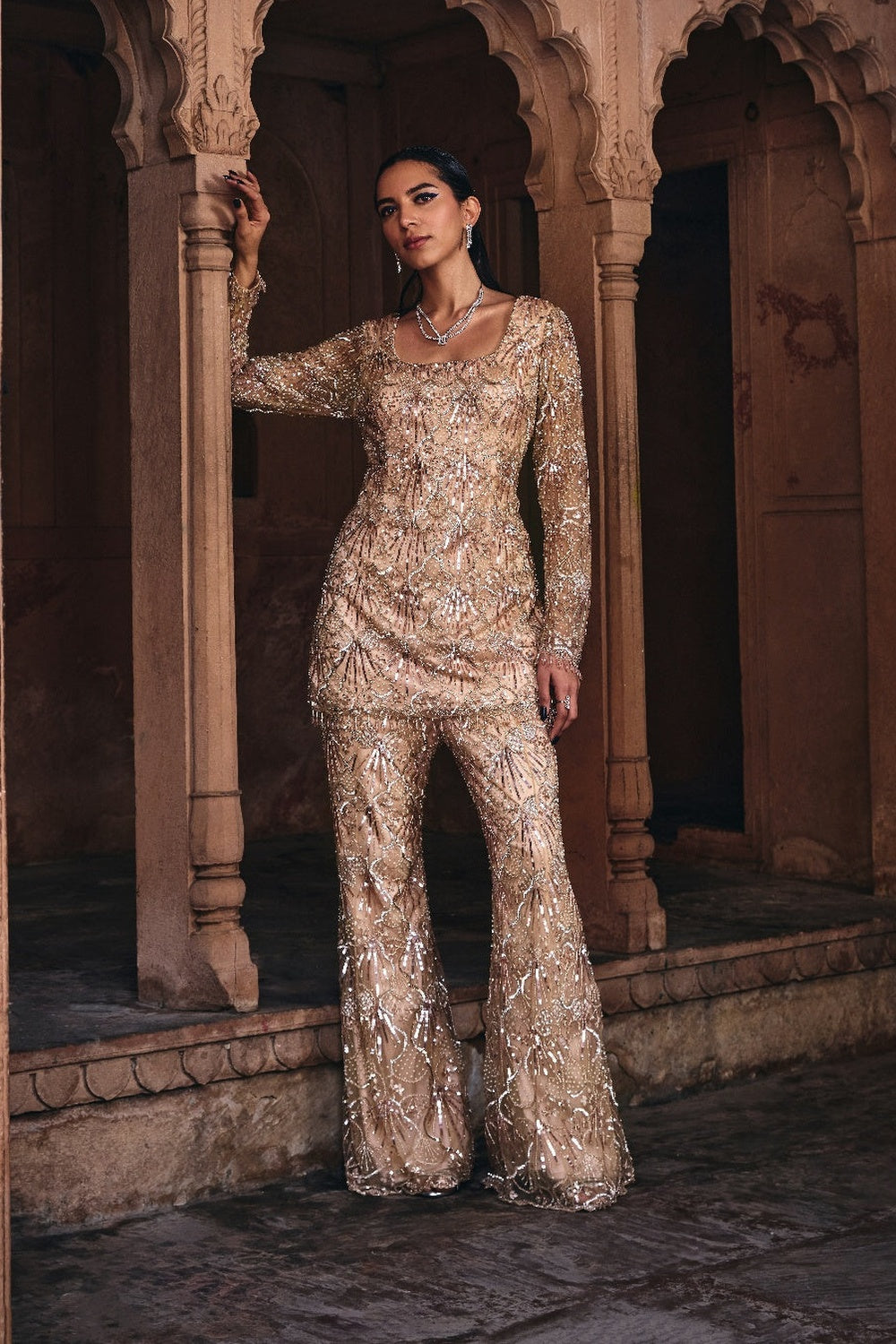 Champagne Gold Embroidered Kurti Set