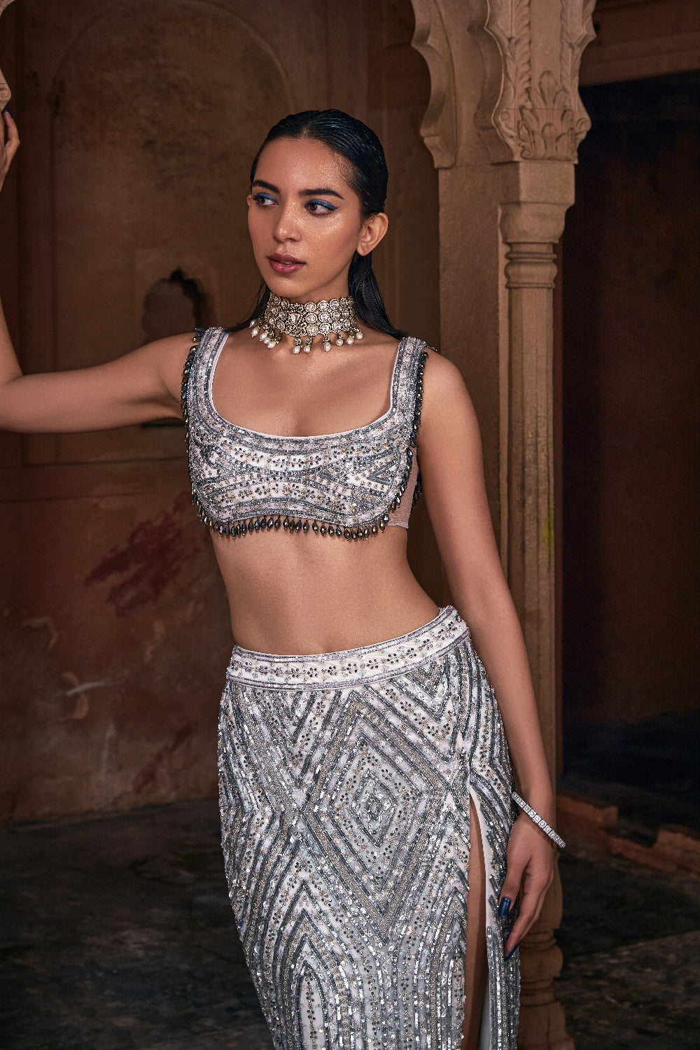 Ivory Embroidered Crop Top Skirt Set