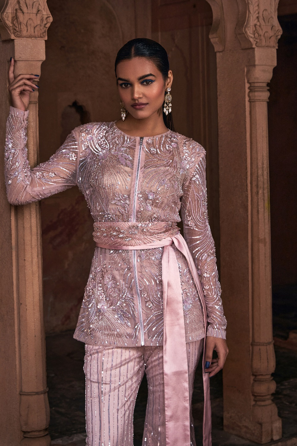 Blush Pink Embroidered Jacket Set