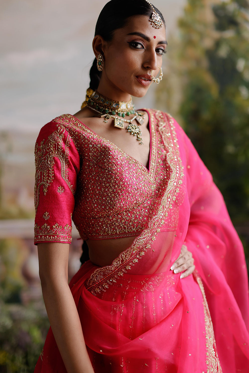 Hot Pink Raw Silk Lehenga Set