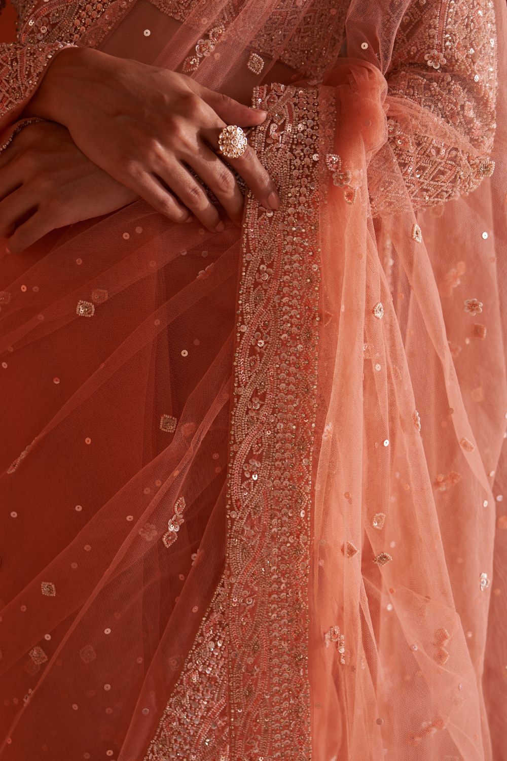 Pastel Orange Net Saree
