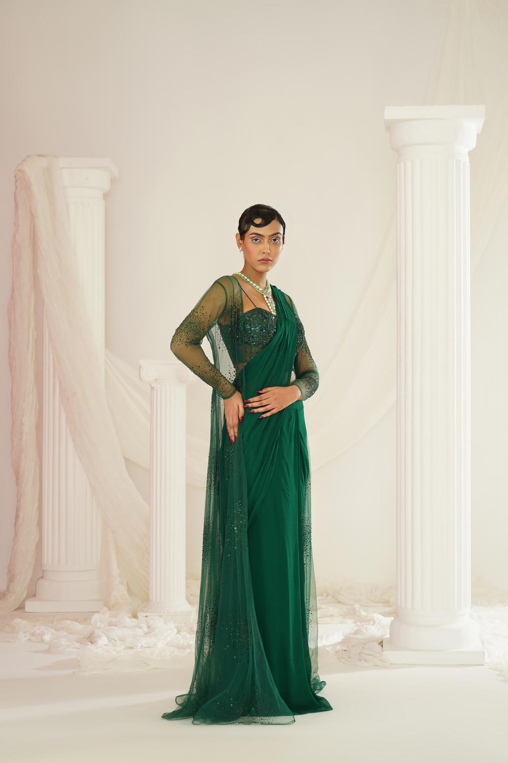 Bottle Green Embellished Corset Blouse, Ready To Wear Saree And Long Jacket