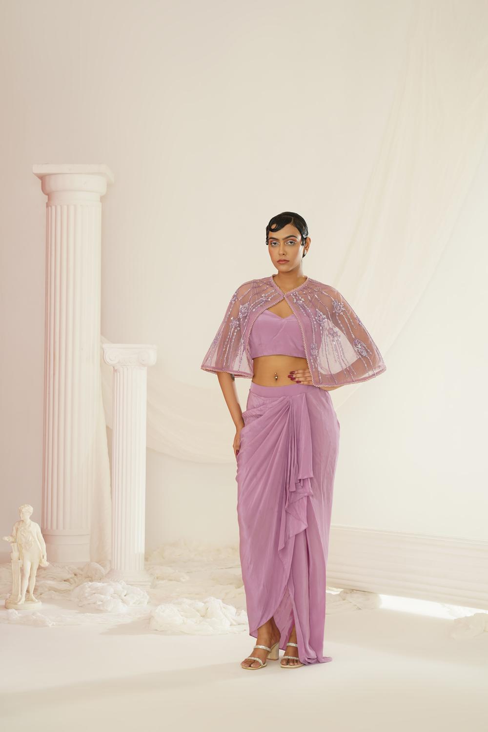 Lavender Embroidered Blouse With
Ready To Wear Drape Dhoti Set