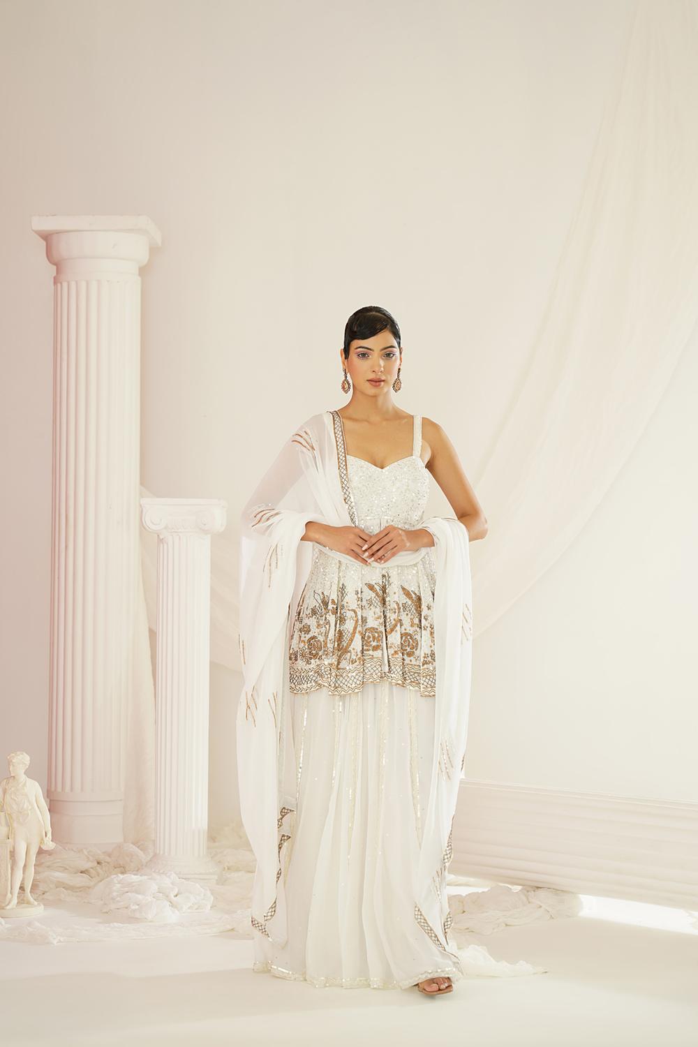 White Embroidered Sharara Set With Pelpum And Dupatta