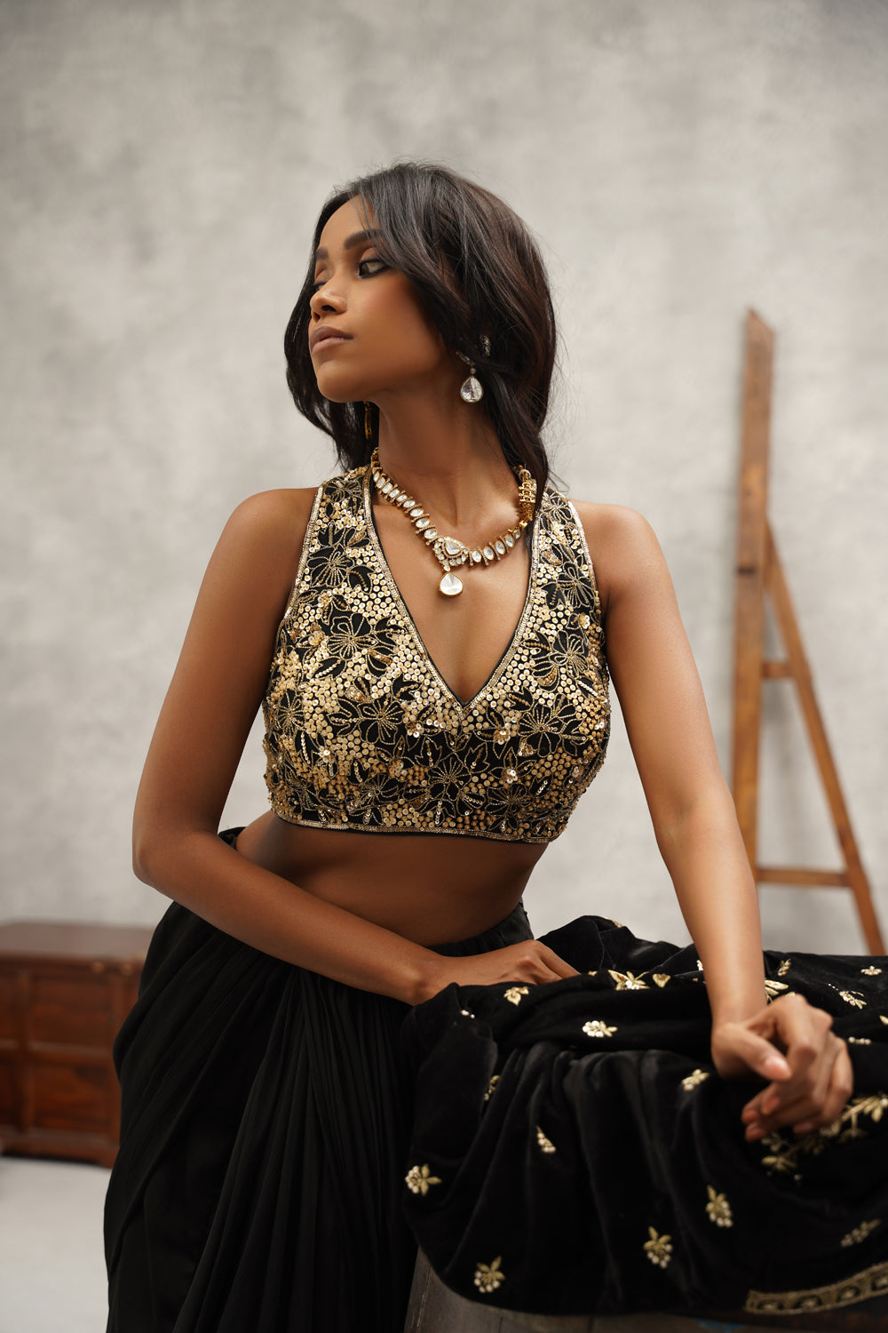 Black Embroidered Saree Set
