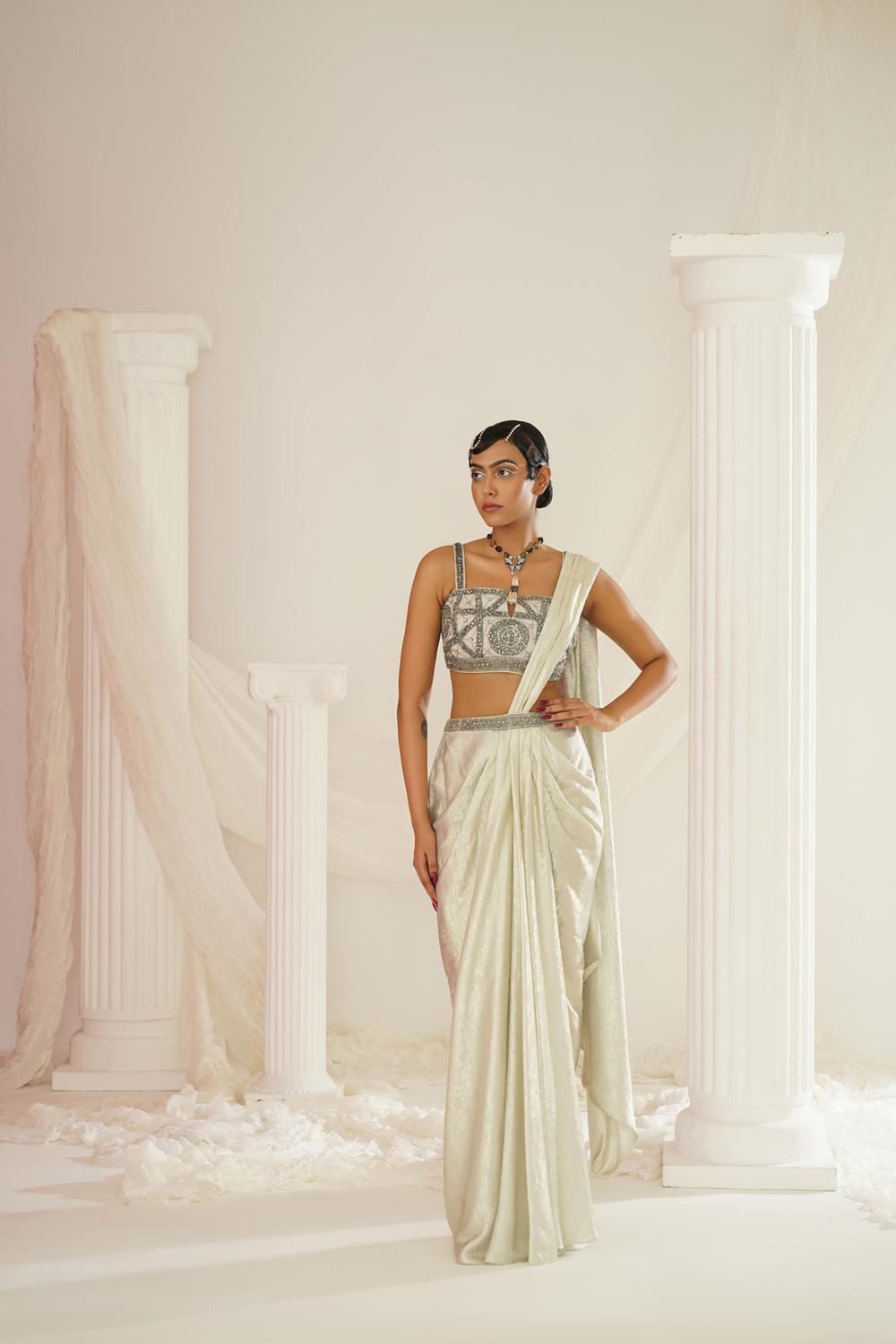 Silver Grey Embroidered Blouse With
Ready To Wear Drape Saree Set