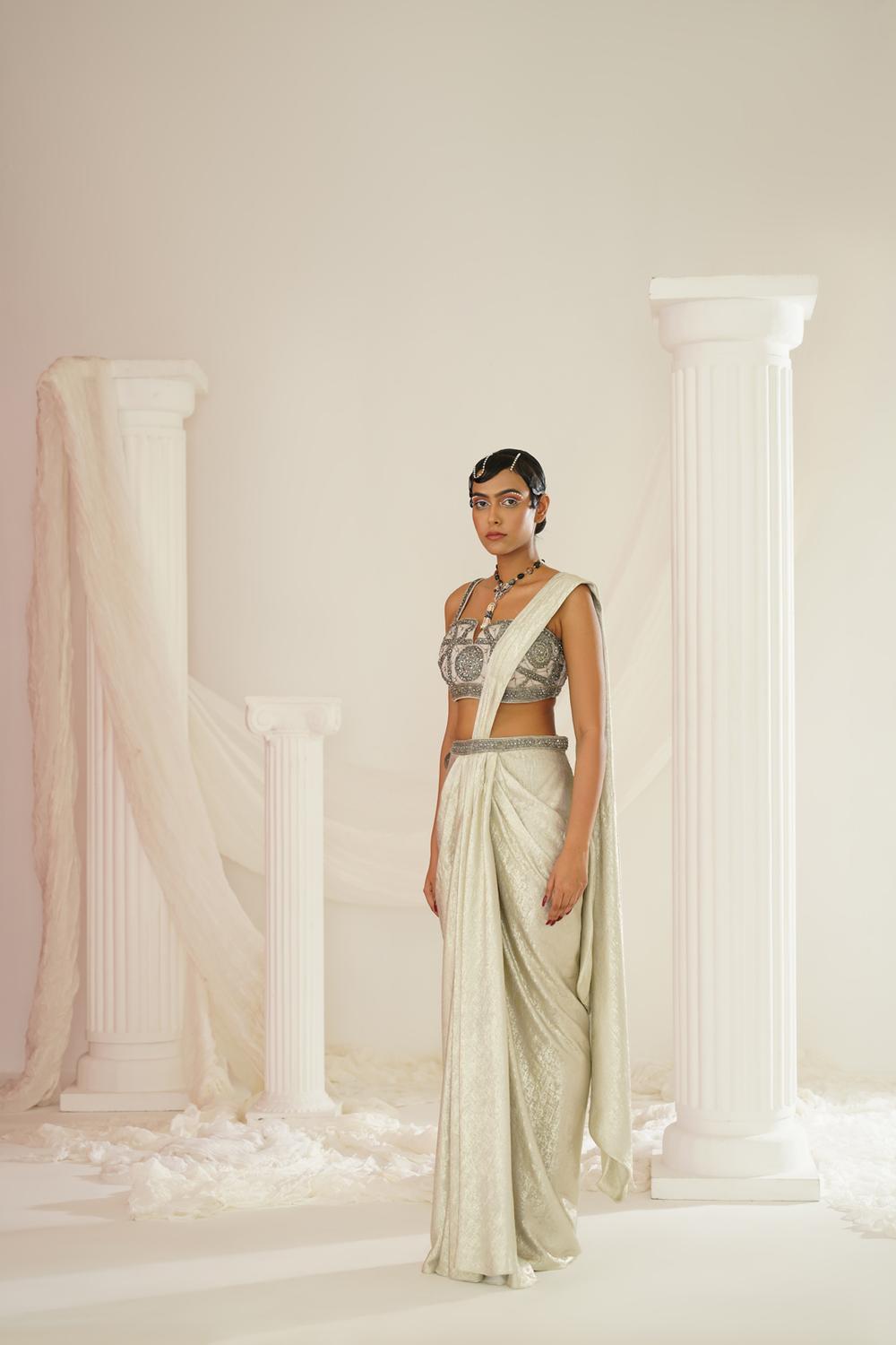 Silver Grey Embroidered Blouse With
Ready To Wear Drape Saree Set