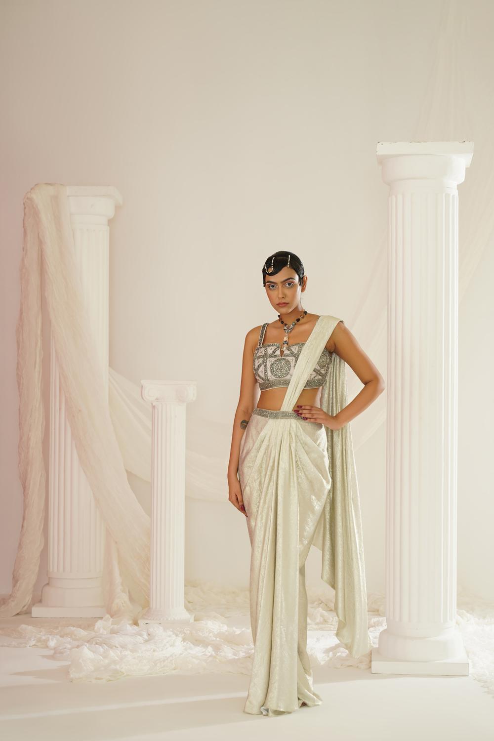 Silver Grey Embroidered Blouse With
Ready To Wear Drape Saree Set