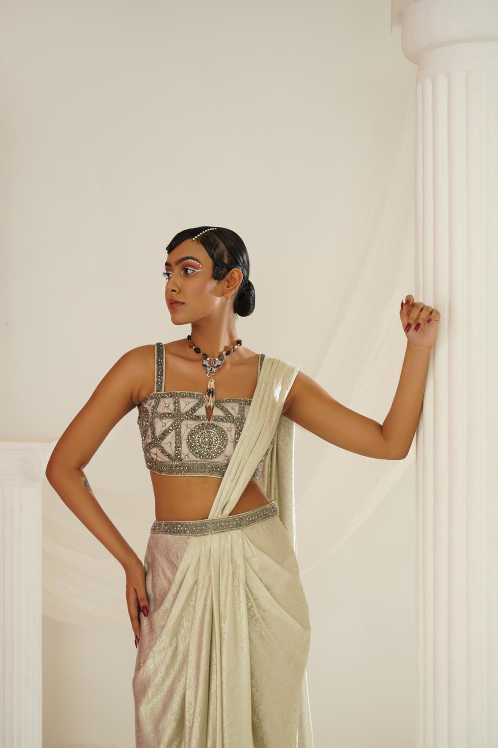 Silver Grey Embroidered Blouse With
Ready To Wear Drape Saree Set