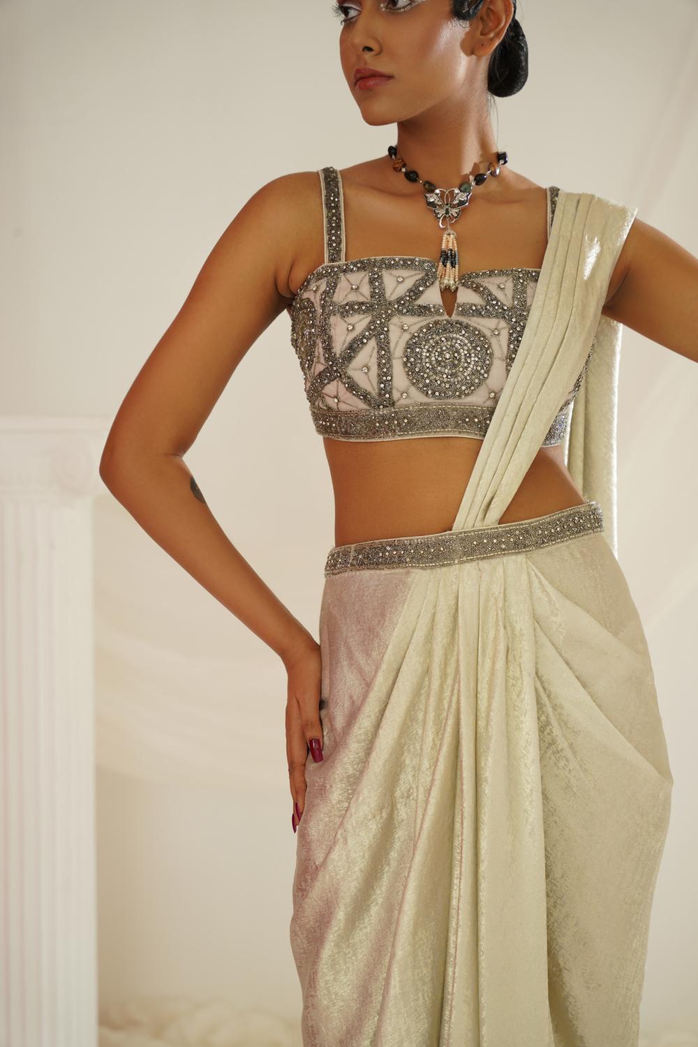 Silver Grey Embroidered Blouse With
Ready To Wear Drape Saree Set