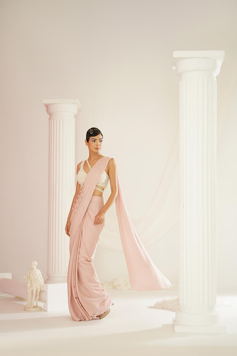 Blush Pink Embroidered Blouse With Ready To Wear Drape Saree Set