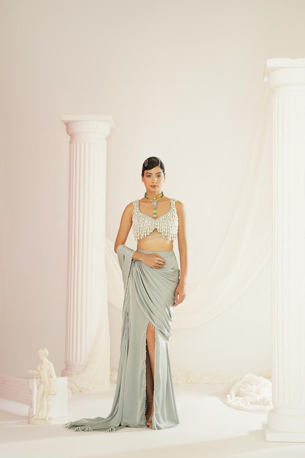 Sage Green Embroidered Blouse With
Ready To Wear Drape Saree Set