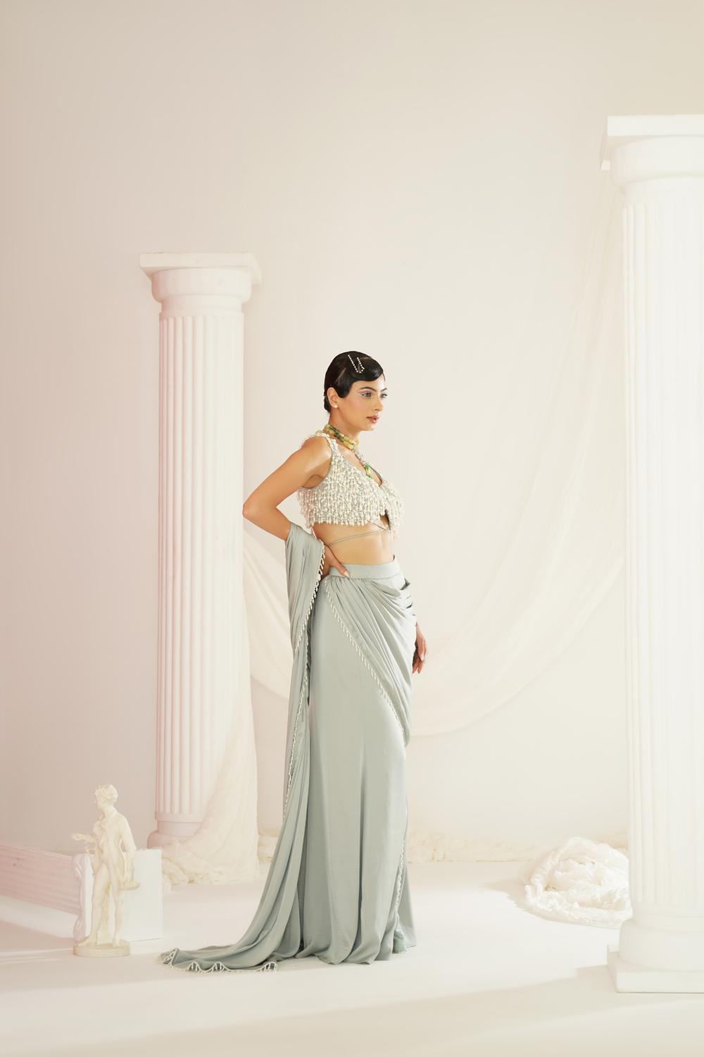 Sage Green Embroidered Blouse With
Ready To Wear Drape Saree Set