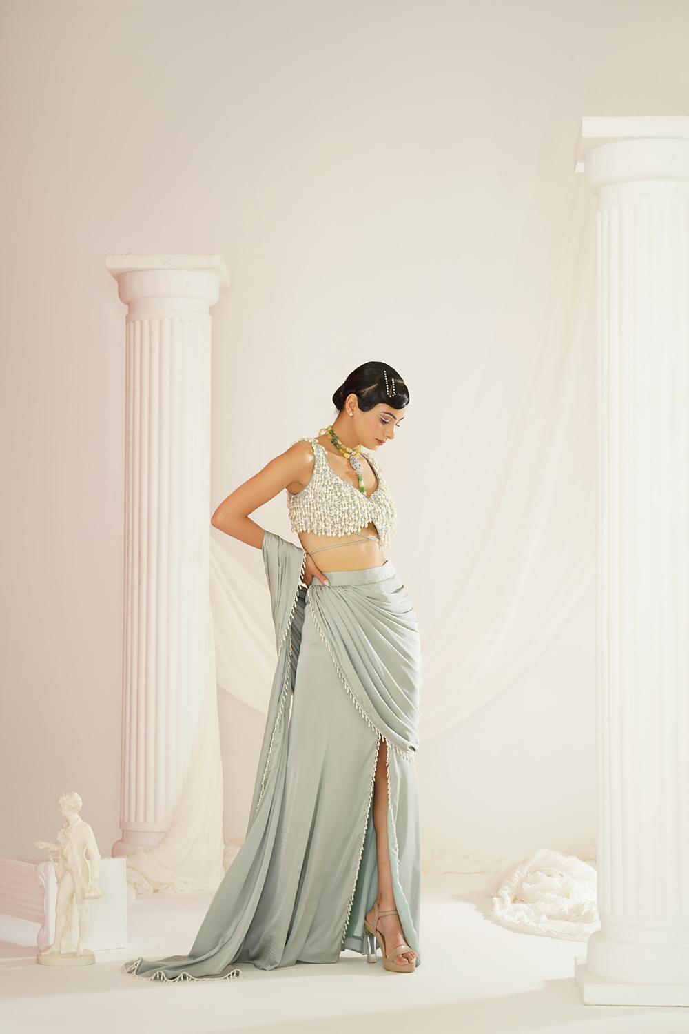 Sage Green Embroidered Blouse With
Ready To Wear Drape Saree Set