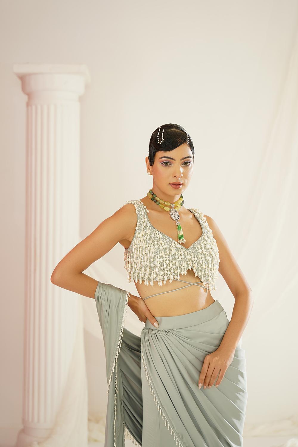 Sage Green Embroidered Blouse With
Ready To Wear Drape Saree Set