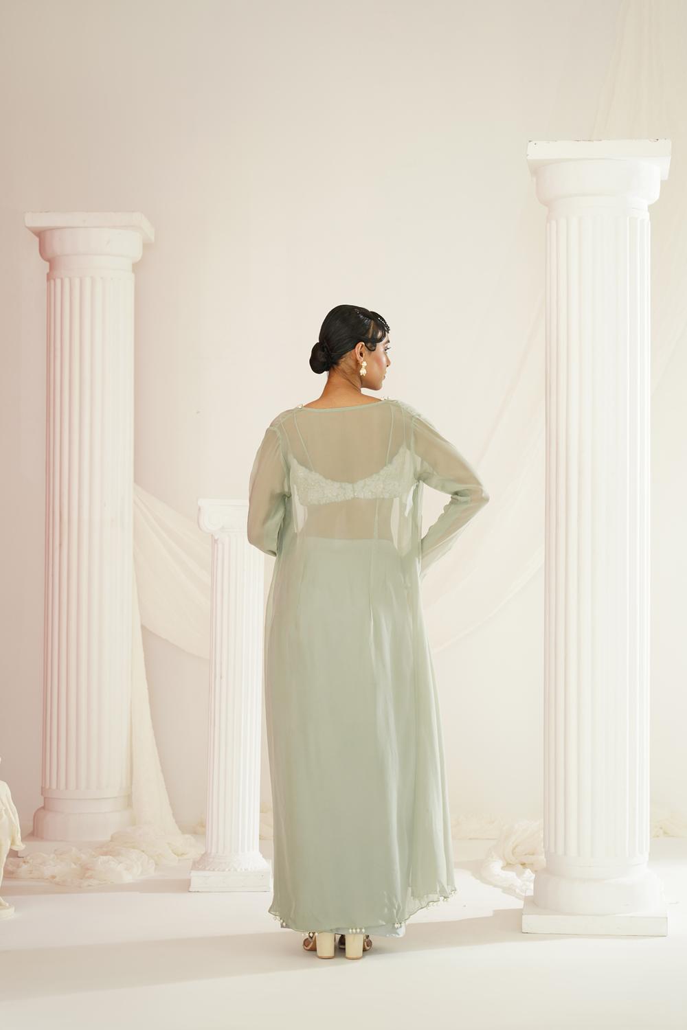 Sage Green Embellished Blouse, Dhoti And Long Jacket