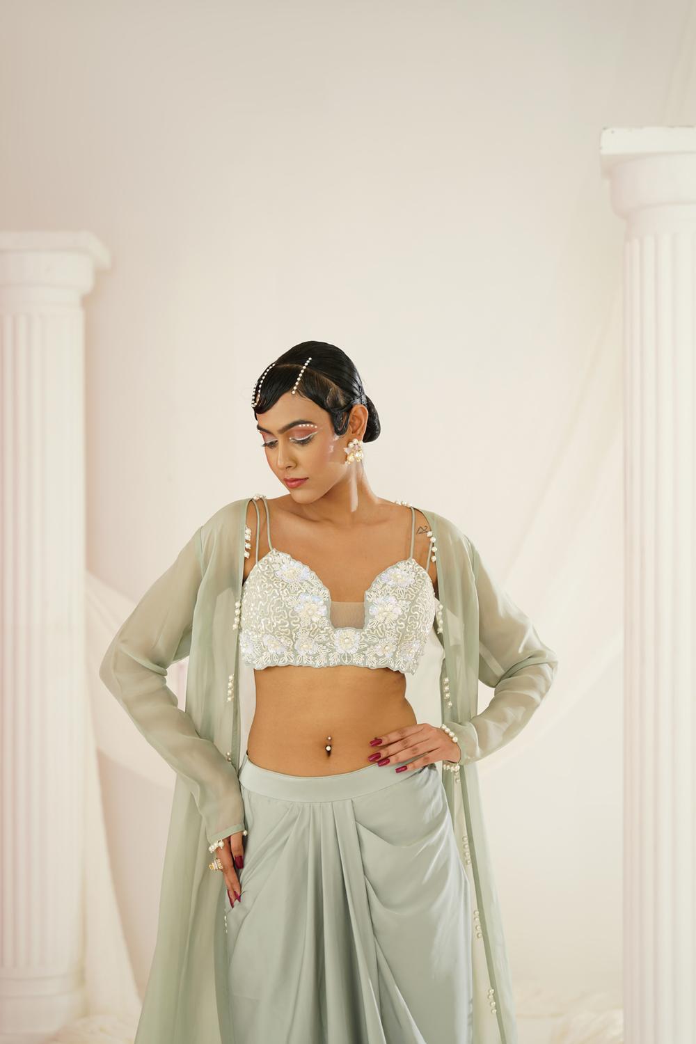 Sage Green Embellished Blouse, Dhoti And Long Jacket