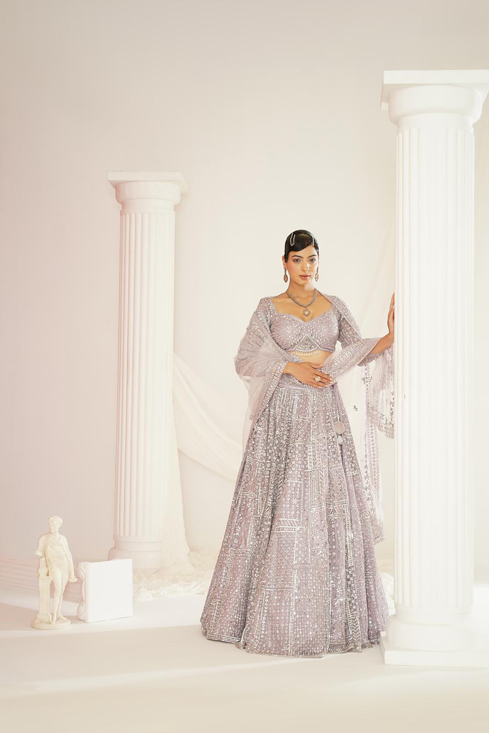 Lavender Embellished Choli, Lehenga And Dupatta