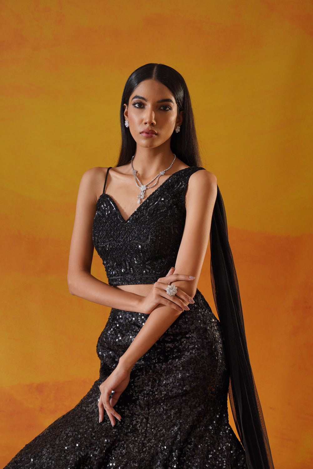 Black Sequins Net Lehenga Choli Set