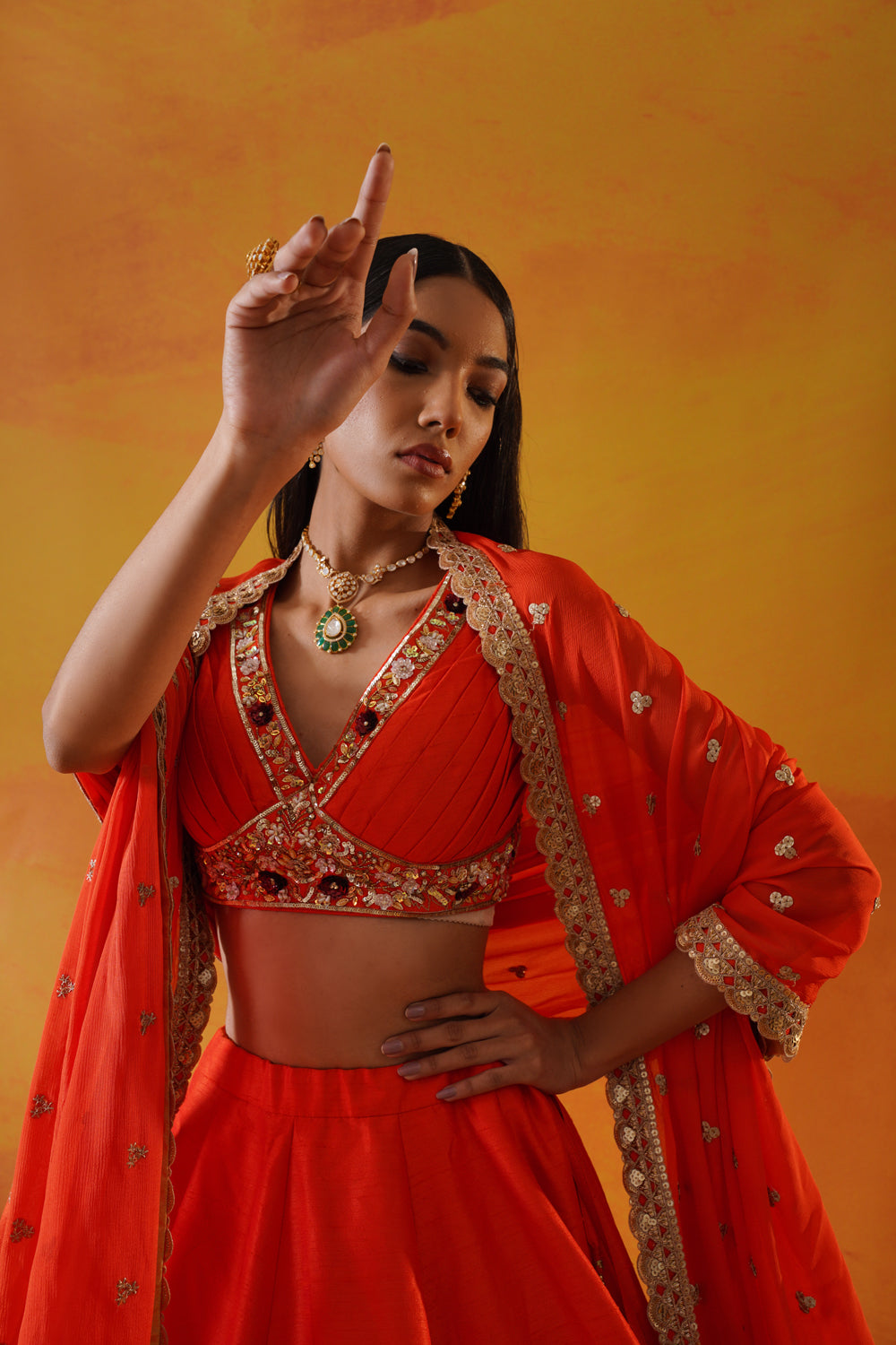 Orange Dupion Silk Lehenga Choli Set